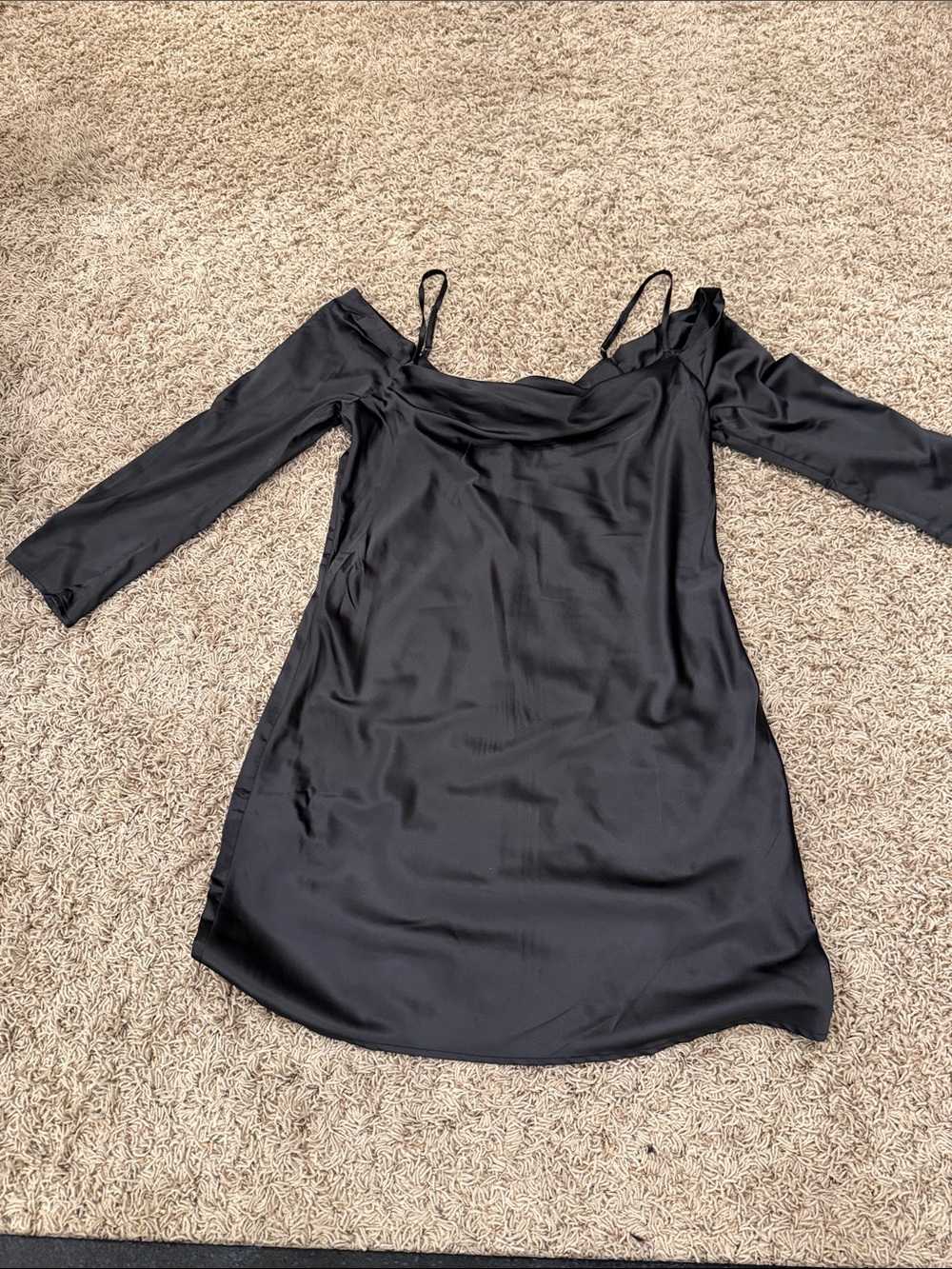 VENUS Black Satin Off-Shoulder Long Sleeve Slip Dress never worn